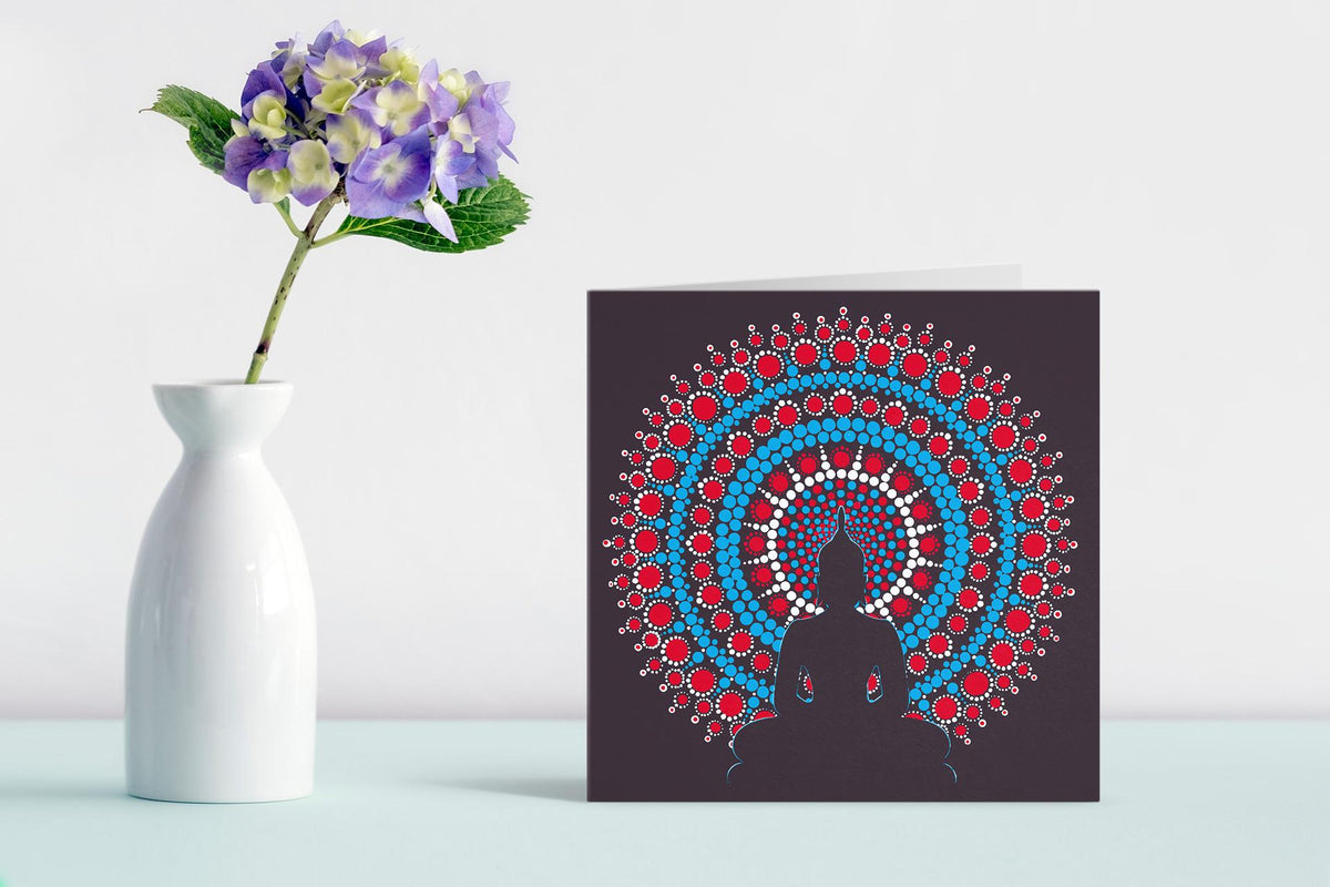 Orange Nirvana Buddha dot mandala greeting card by Sejal Joshi