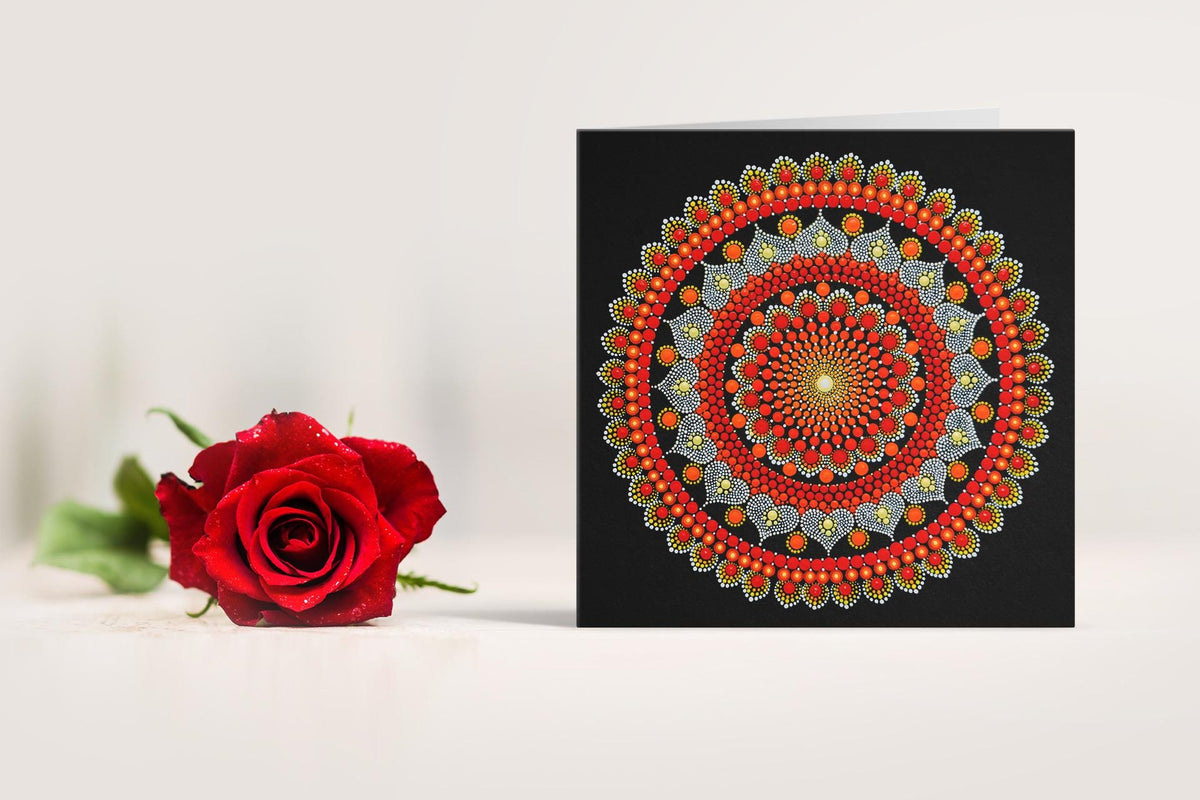 Inner Fire dot mandala greeting card by Sejal Joshi, 14.8cm square