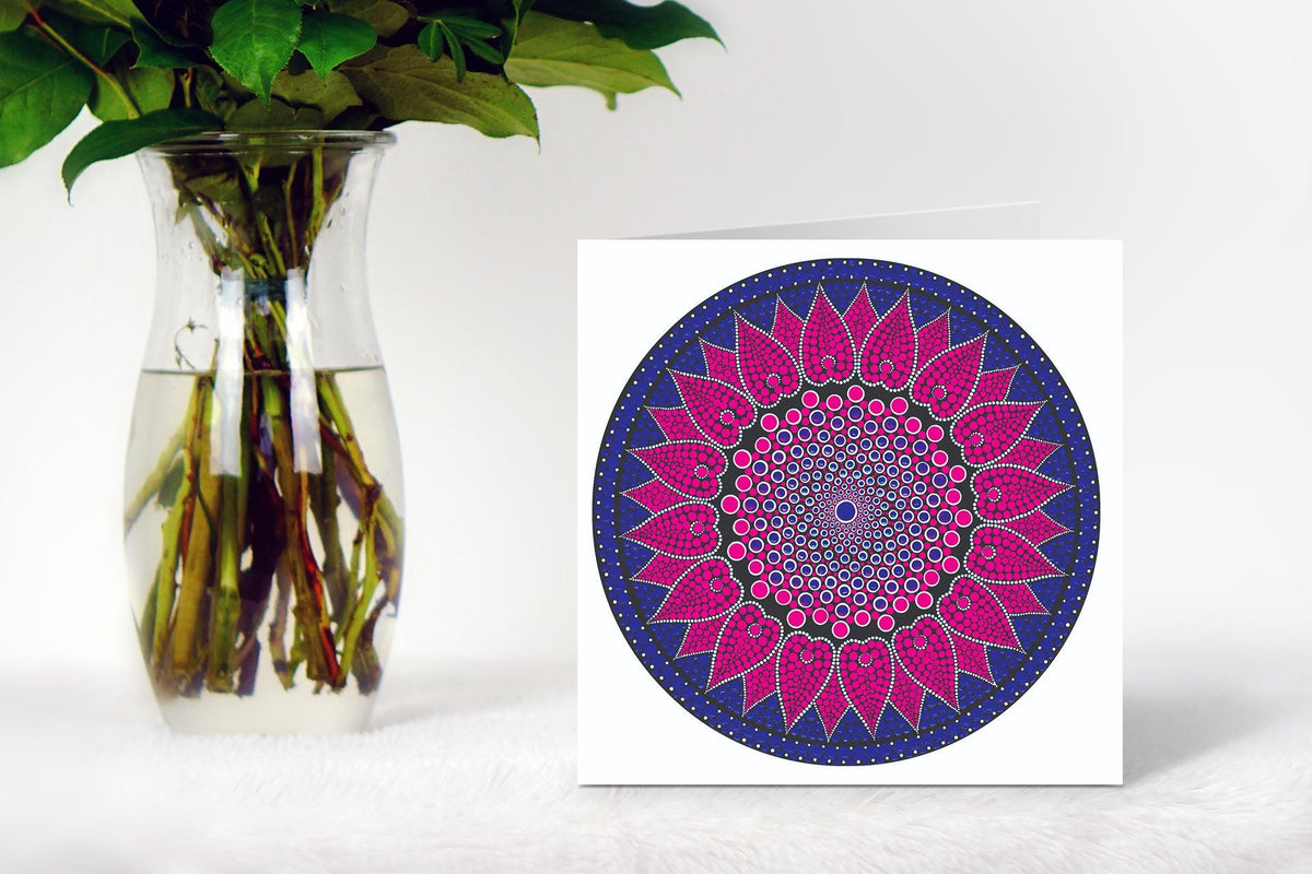 Pink Lotus dot mandala greeting card by Sejal Joshi, 14.8cm square