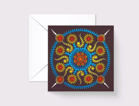 Love Explosion dot mandala greeting card by Sejal Joshi, 14.8cm square