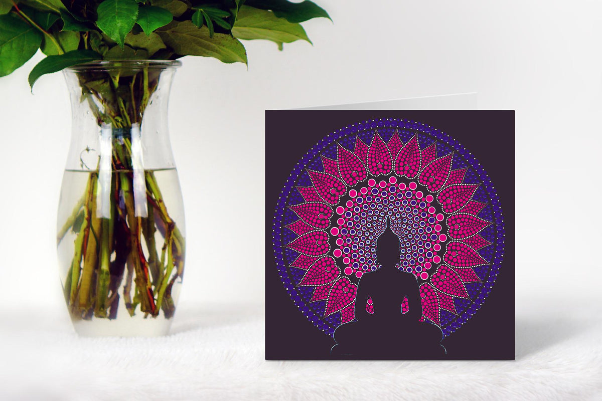 Pink Lotus Buddha dot mandala greeting card by Sejal Joshi