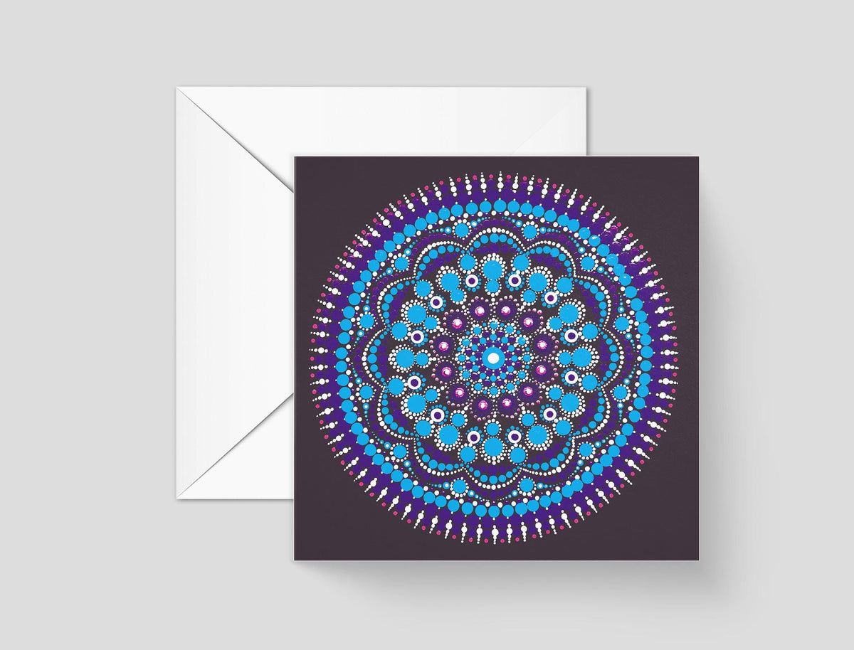 Turquoise Cosmos dot mandala greeting card by Sejal Joshi, 14.8cm square