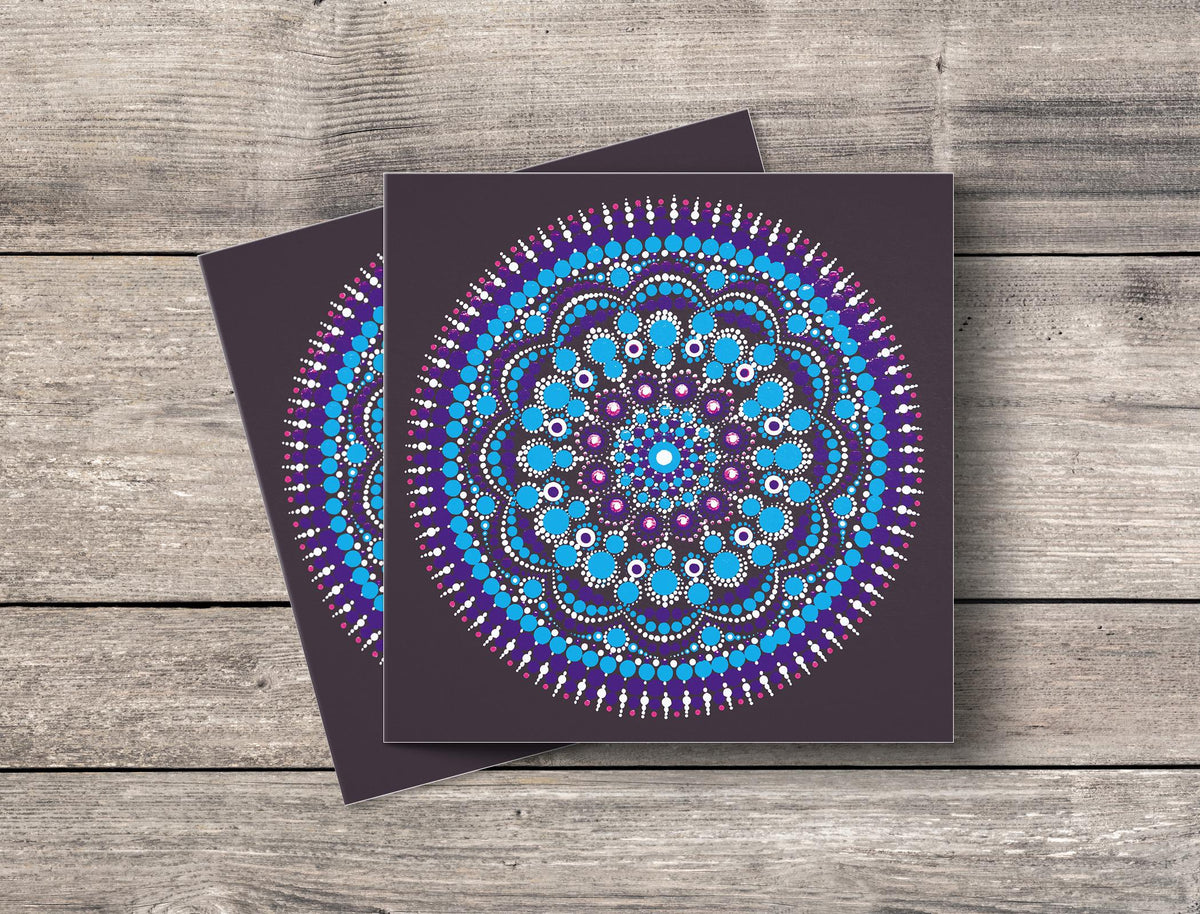 Turquoise Cosmos dot mandala greeting card by Sejal Joshi, 14.8cm square