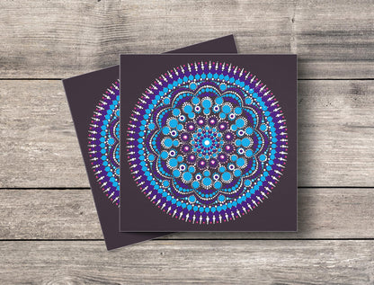Turquoise Cosmos dot mandala greeting card by Sejal Joshi, 14.8cm square