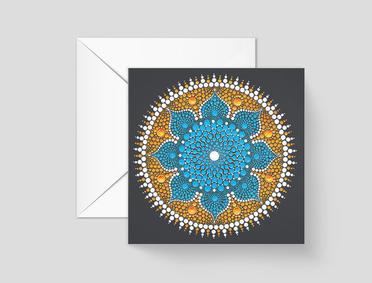 Dancing Flower dot mandala greeting card by Sejal Joshi, 14.8cm square