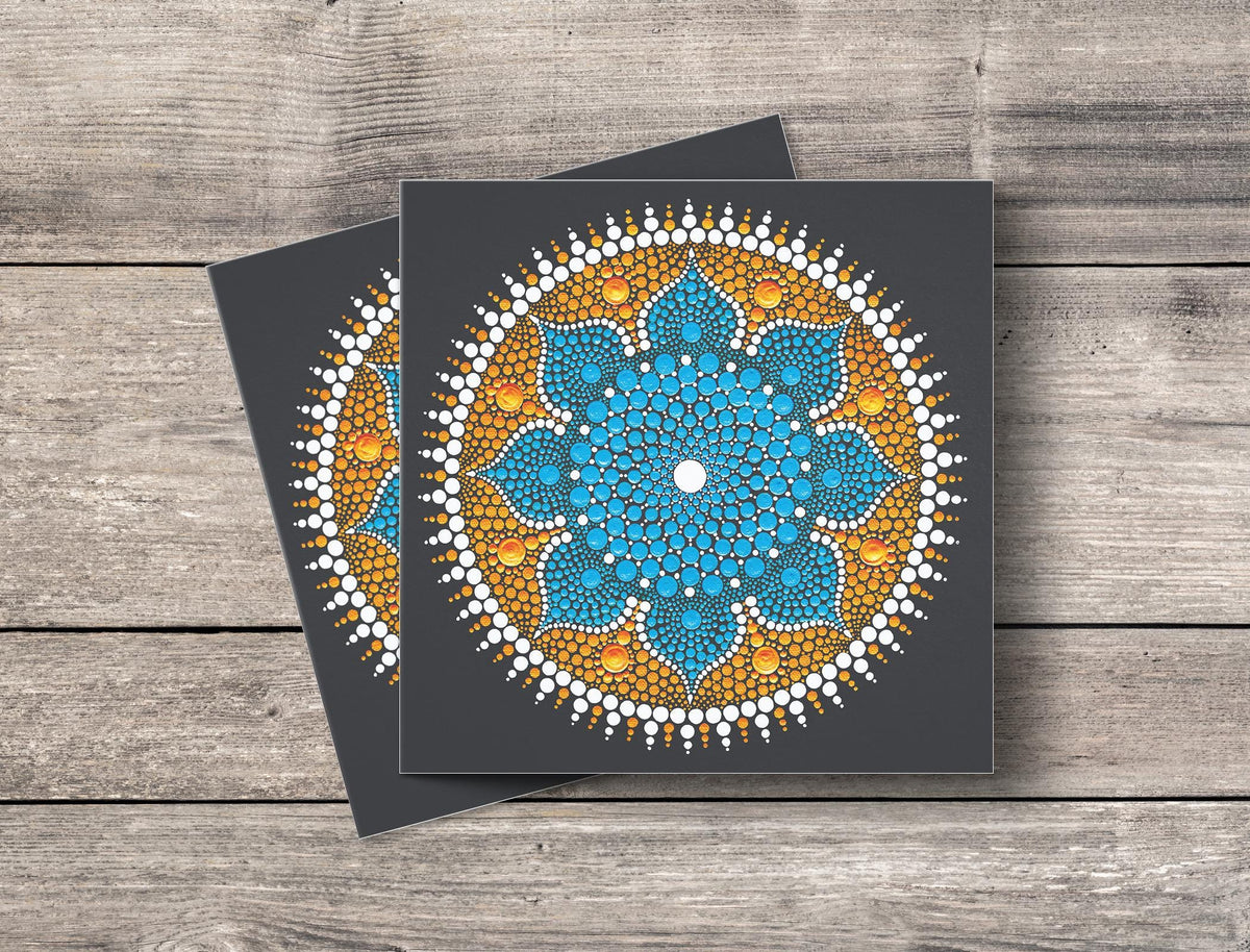 Dancing Flower dot mandala greeting card by Sejal Joshi, 14.8cm square