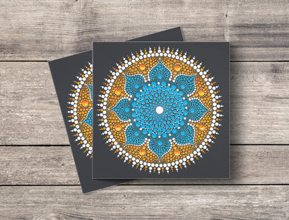 Dancing Flower dot mandala greeting card by Sejal Joshi, 14.8cm square