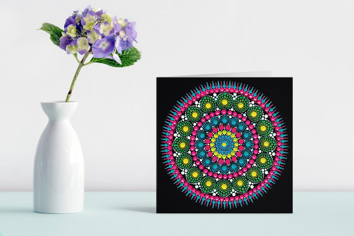 Emerald Sea dot mandala greeting card by Sejal Joshi, 14.8cm square