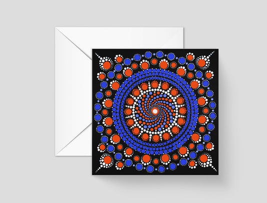 Healing Spiral dot mandala greeting card by Sejal Joshi, 14.8cm square