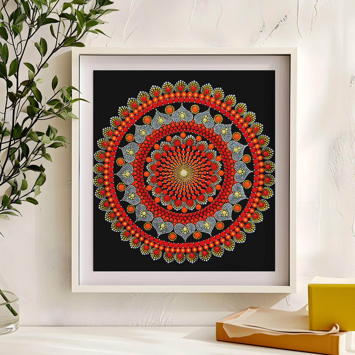 Inner Fire dot mandala art print by Sejal Joshi, 40x40cm