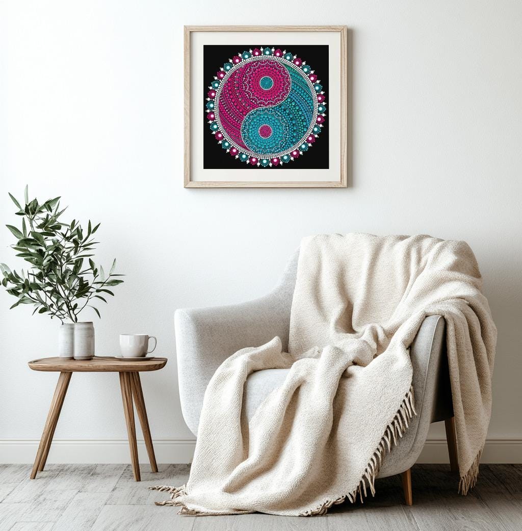Serene Ying Yang dot mandala art print by Sejal Joshi, 40x40cm