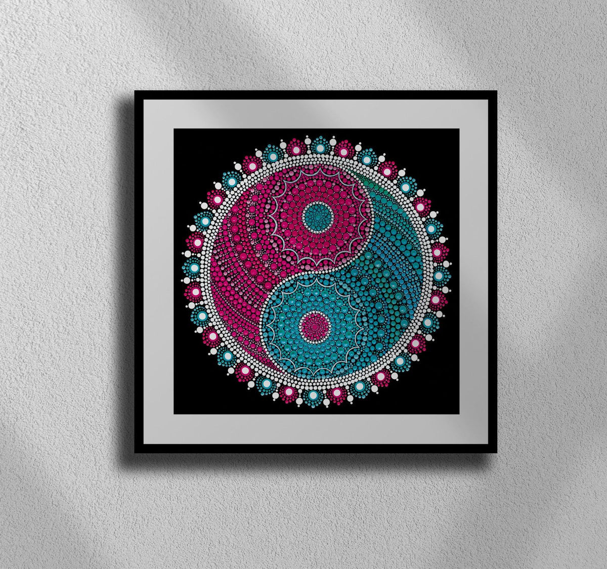 Serene Ying Yang dot mandala art print by Sejal Joshi, 40x40cm