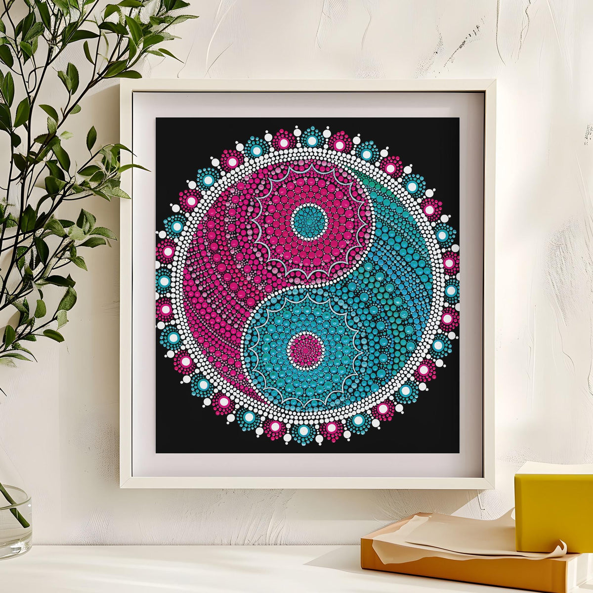Serene Ying Yang dot mandala art print by Sejal Joshi, 40x40cm