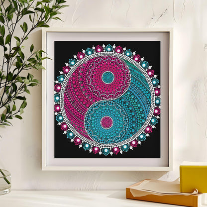 Serene Ying Yang dot mandala art print by Sejal Joshi, 40x40cm