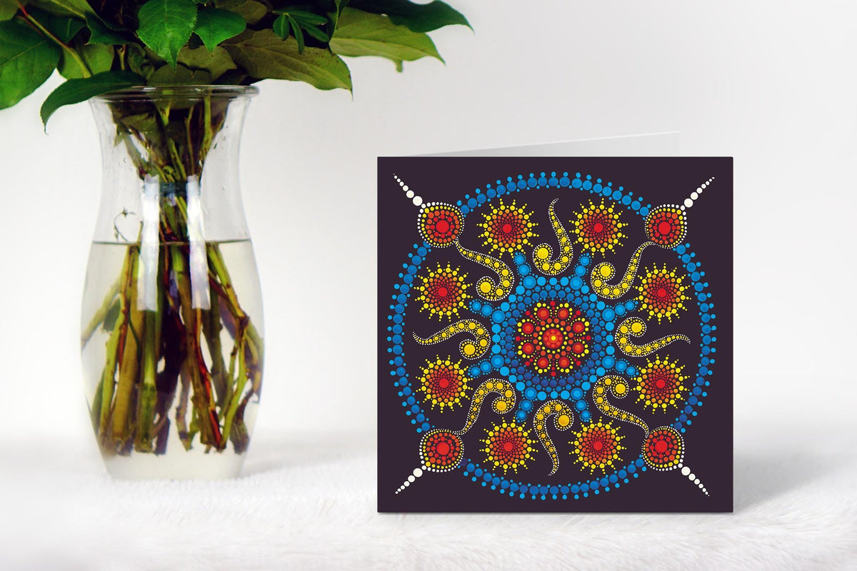 Love Explosion dot mandala greeting card by Sejal Joshi, 14.8cm square