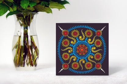Love Explosion dot mandala greeting card by Sejal Joshi, 14.8cm square