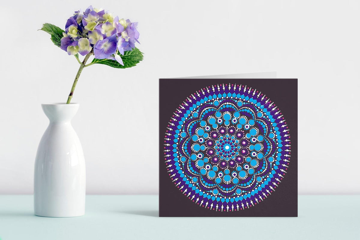 Turquoise Cosmos dot mandala greeting card by Sejal Joshi, 14.8cm square