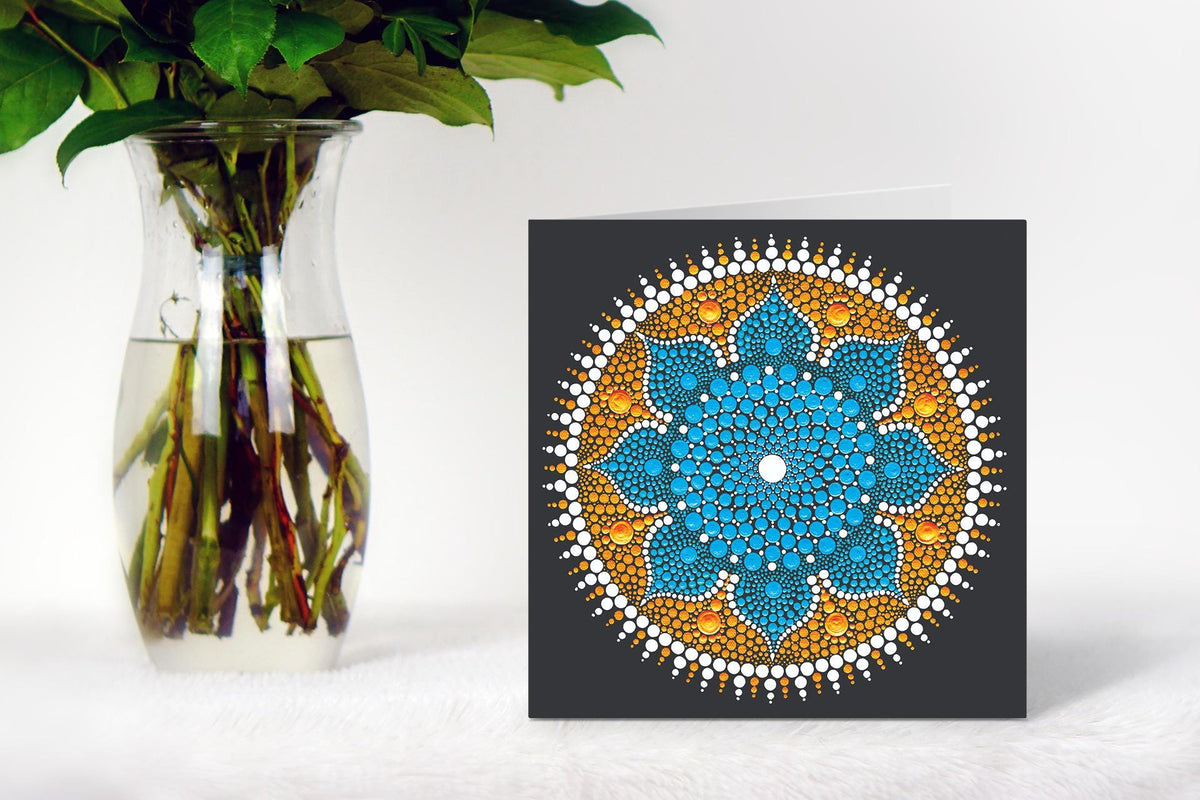 Dancing Flower dot mandala greeting card by Sejal Joshi, 14.8cm square