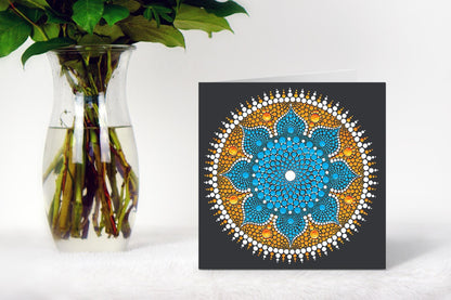 Dancing Flower dot mandala greeting card by Sejal Joshi, 14.8cm square