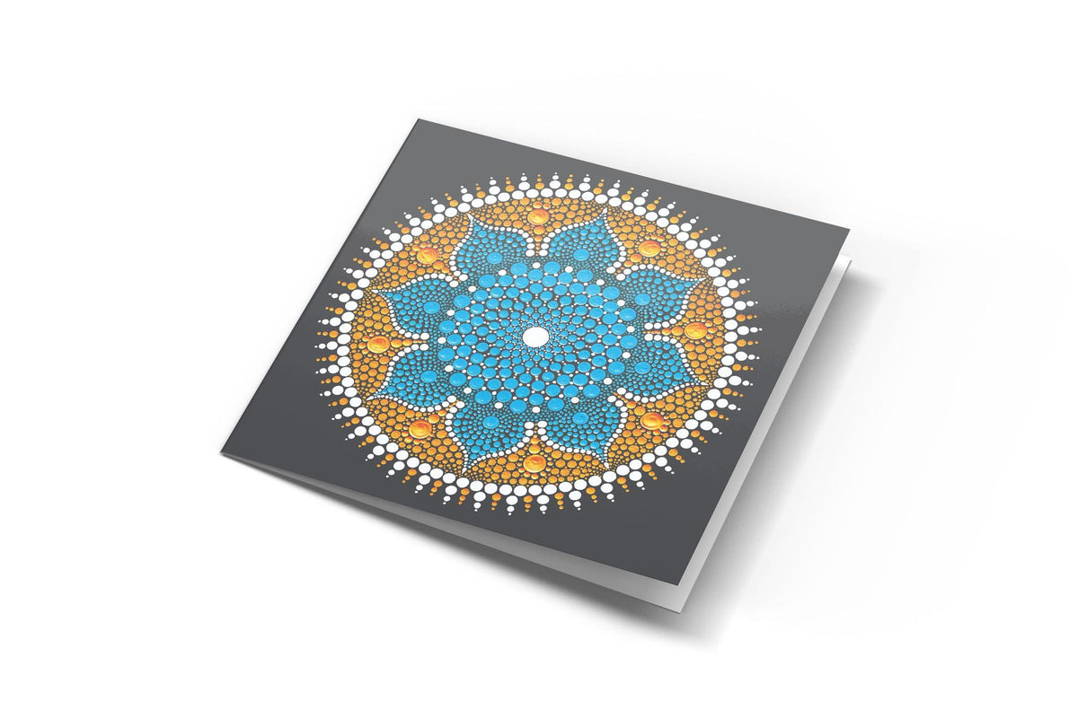 Dancing Flower dot mandala greeting card by Sejal Joshi, 14.8cm square