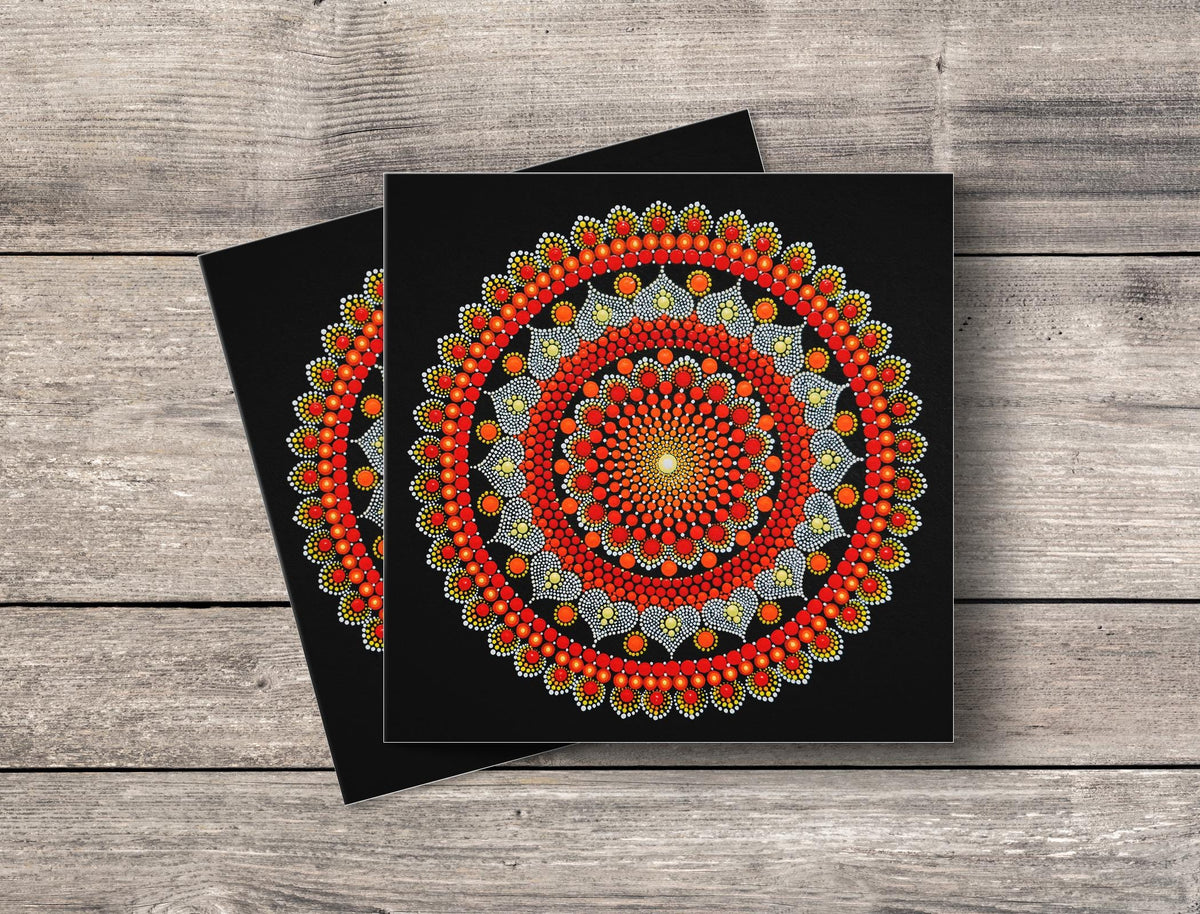Inner Fire dot mandala greeting card by Sejal Joshi, 14.8cm square