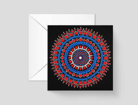 Orange Nirvana dot mandala greeting card by Sejal Joshi, 14.8cm square