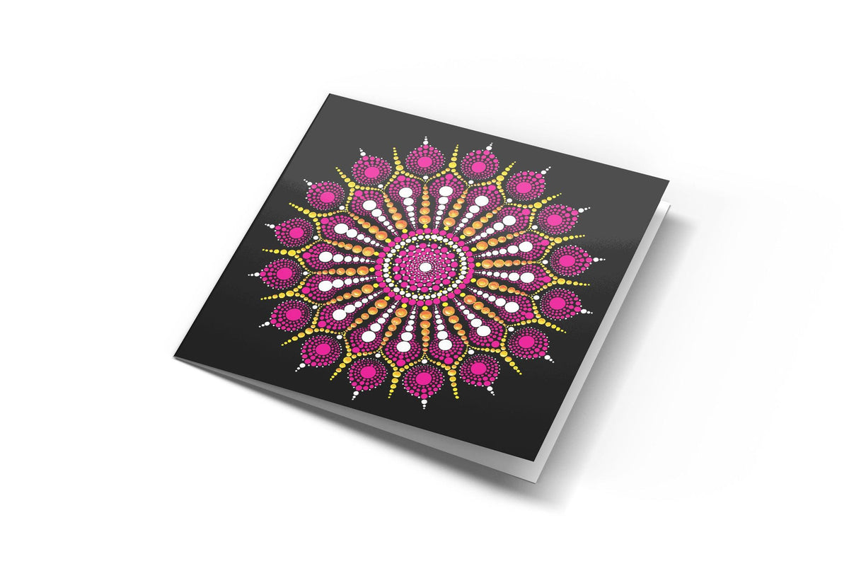 Explosion of Joy dot mandala greeting card by Sejal Joshi, 14.8cm square