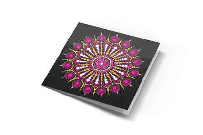 Explosion of Joy dot mandala greeting card by Sejal Joshi, 14.8cm square