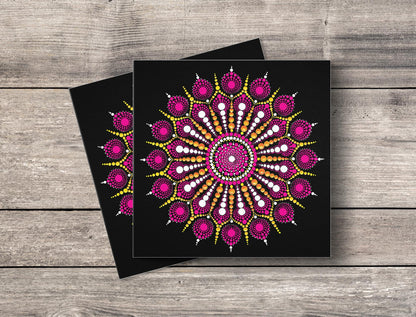 Explosion of Joy dot mandala greeting card by Sejal Joshi, 14.8cm square