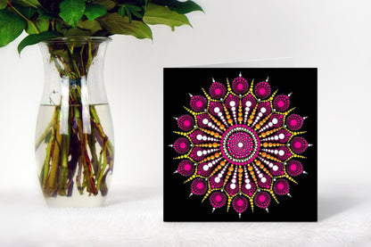 Explosion of Joy dot mandala greeting card by Sejal Joshi, 14.8cm square