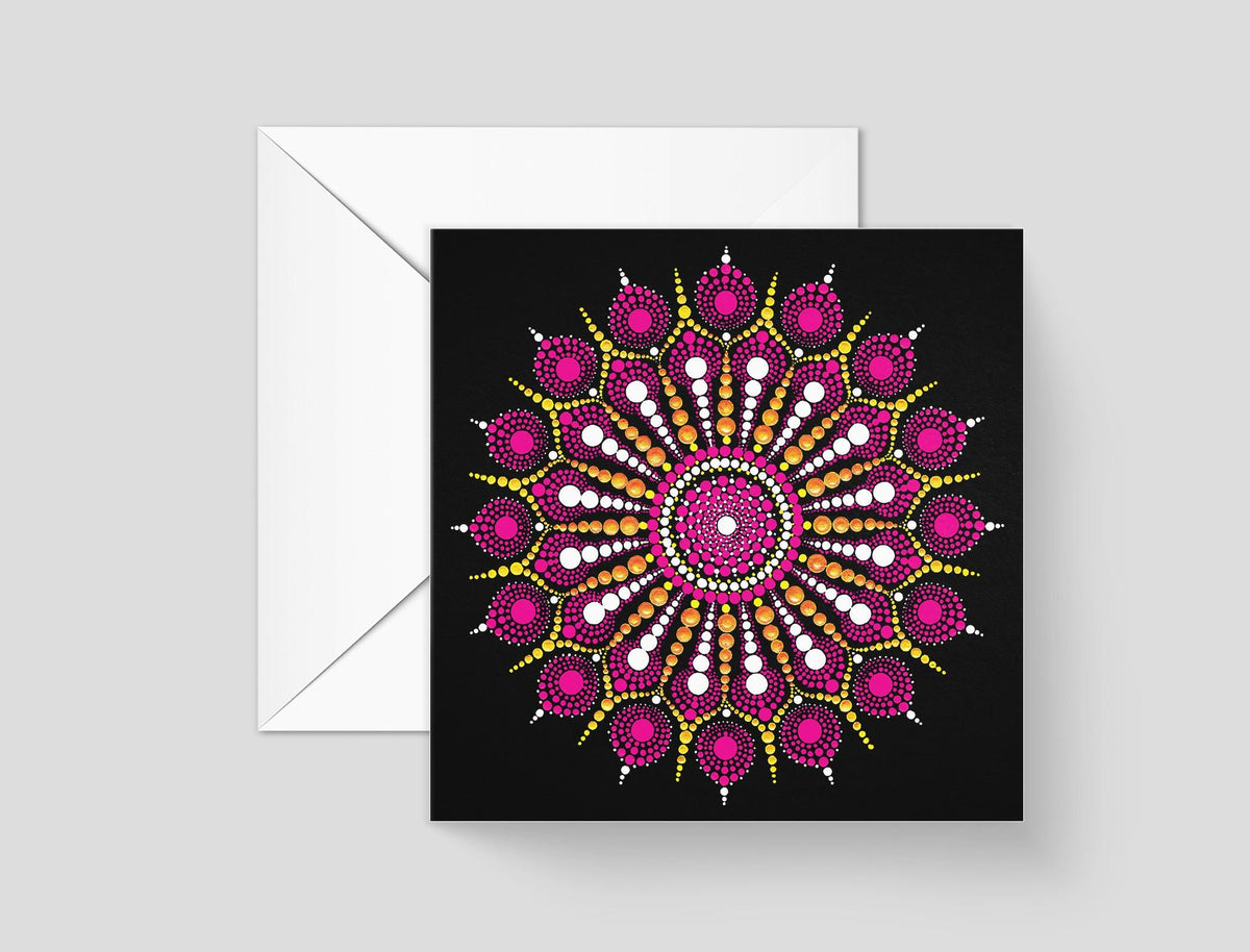 Explosion of Joy dot mandala greeting card by Sejal Joshi, 14.8cm square