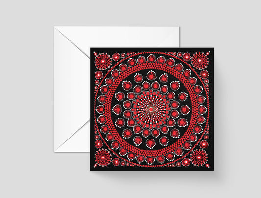 Burning Love dot mandala greeting card by Sejal Joshi, 14.8cm square