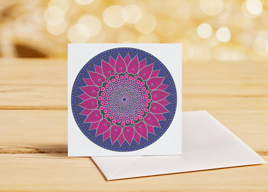 Pink Lotus large dot mandala greeting card by Sejal Joshi, 20cm square