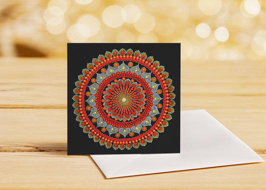 Inner Fire large dot mandala greeting card by Sejal Joshi, 20cm square