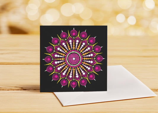 Explosion of Joy large dot mandala greeting card by Sejal Joshi, 20cm square