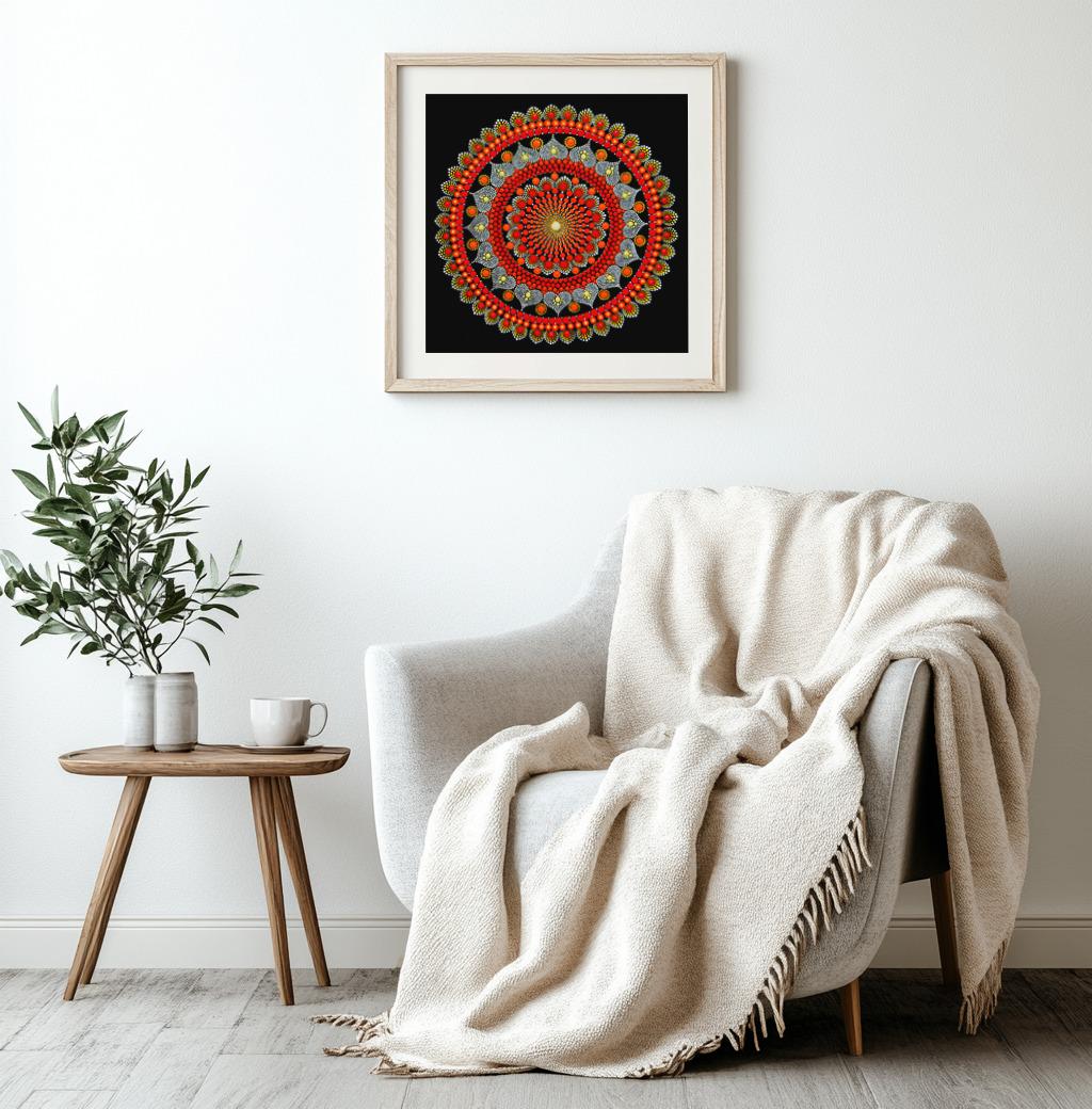 Inner Fire dot mandala art print by Sejal Joshi, 40x40cm