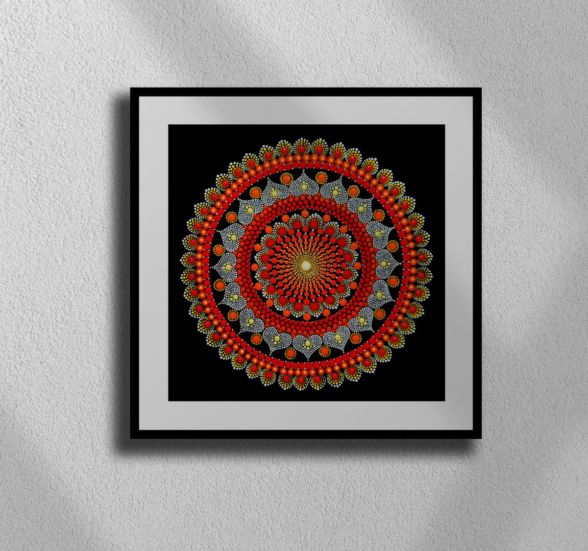 Inner Fire dot mandala art print by Sejal Joshi, 40x40cm