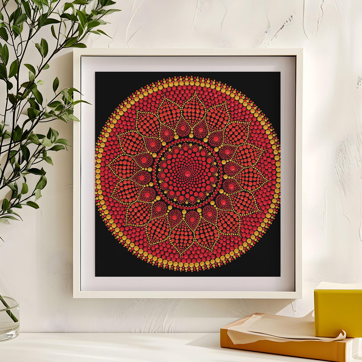 Golden Strength dot mandala art print by Sejal Joshi, 40x40cm