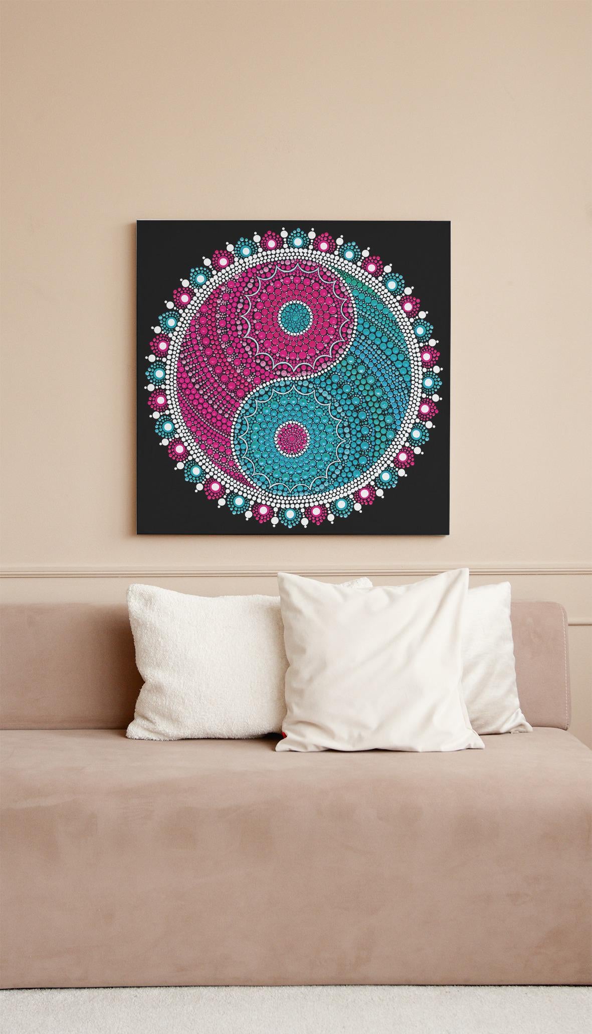 Serene Ying Yang dot mandala art print by Sejal Joshi, 40x40cm