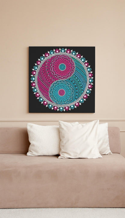 Serene Ying Yang dot mandala art print by Sejal Joshi, 40x40cm