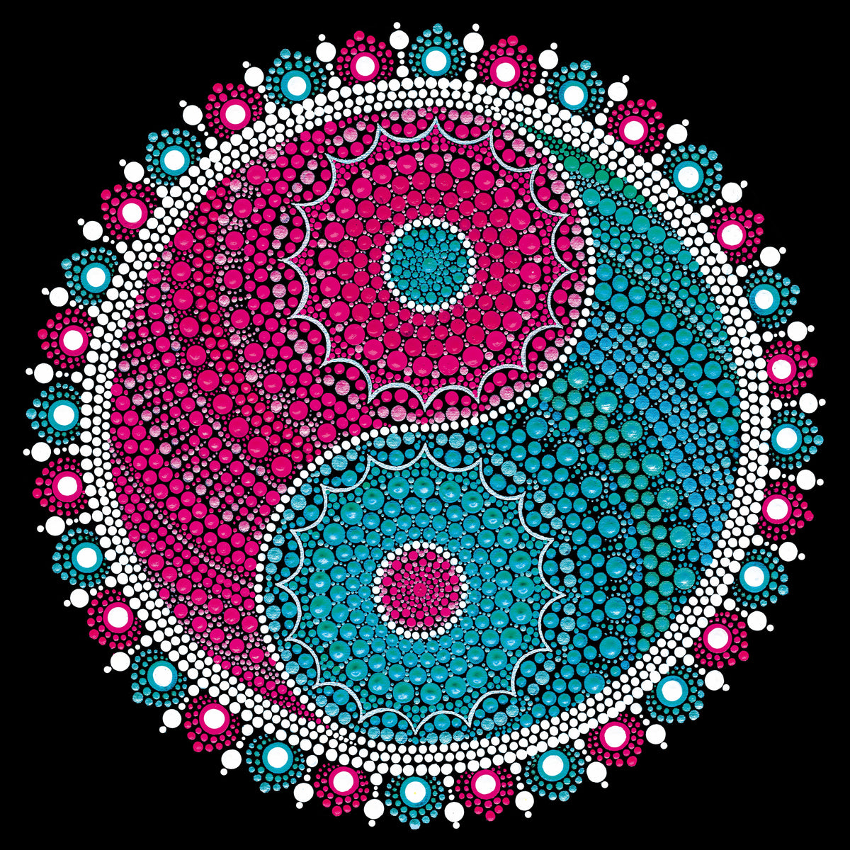 Serene Ying Yang original dot mandala painting by Sejal Joshi, acrylic on canvas