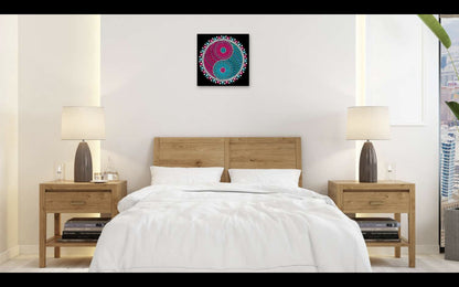 Serene Ying Yang original dot mandala painting hanging above a bed