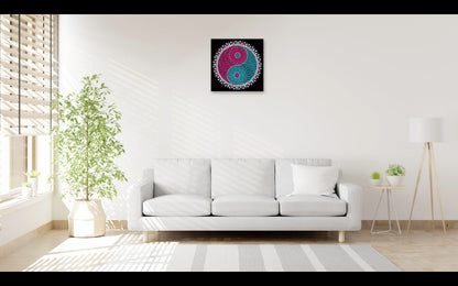 Serene Ying Yang original dot mandala painting on a wall at home