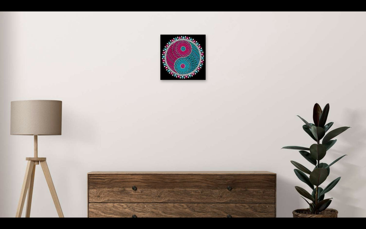 Serene Ying Yang original dot mandala painting on a living room wall