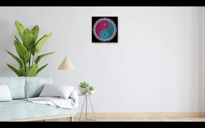 Serene Ying Yang original dot mandala painting above a sofa